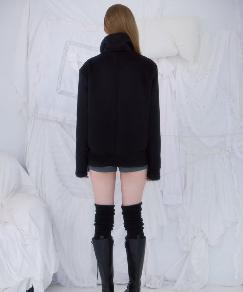 Belt Half-neck Wool Jacket [Black]