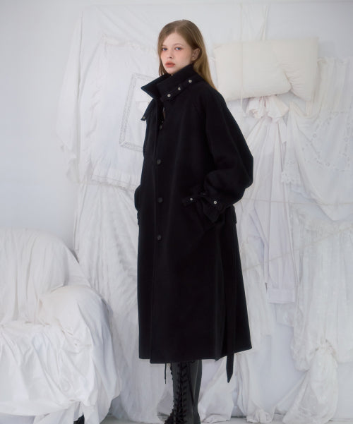 Half-neck Overfit Long Coat [Black]