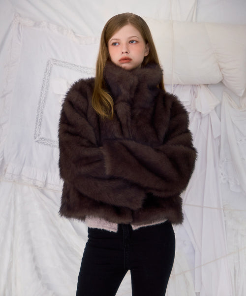 Crop Mix Fur Jacket [Brown]