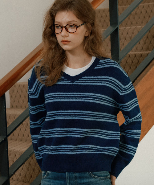 Brush Stripe V-neck Knitwear (Navy)