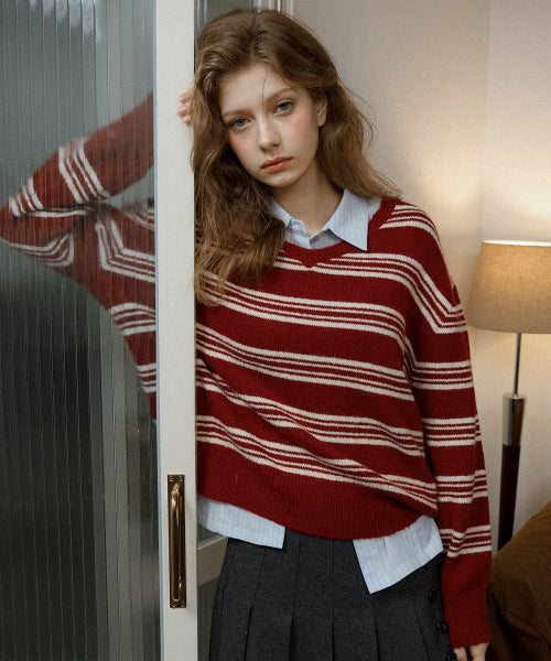 Brush Stripe V-Neck Knitwear (Burgandy)