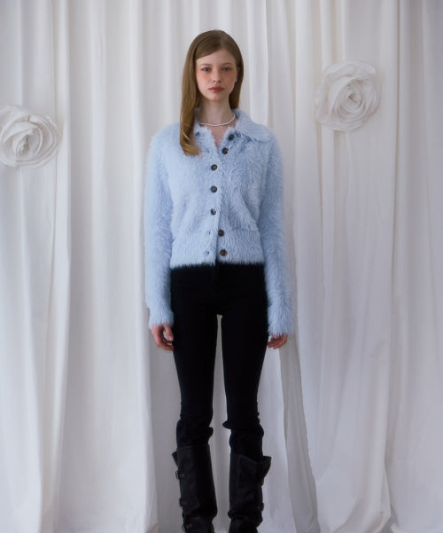 Fur Collar Button Cardigan [Sky Blue]