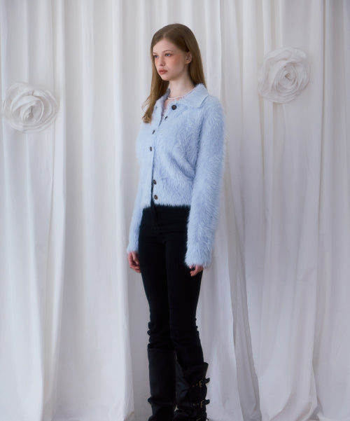 Fur Collar Button Cardigan [Sky Blue]