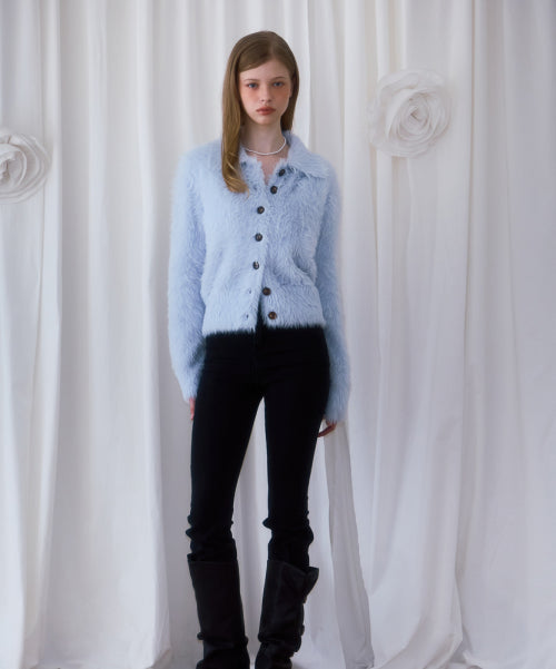 Fur Collar Button Cardigan [Sky Blue]