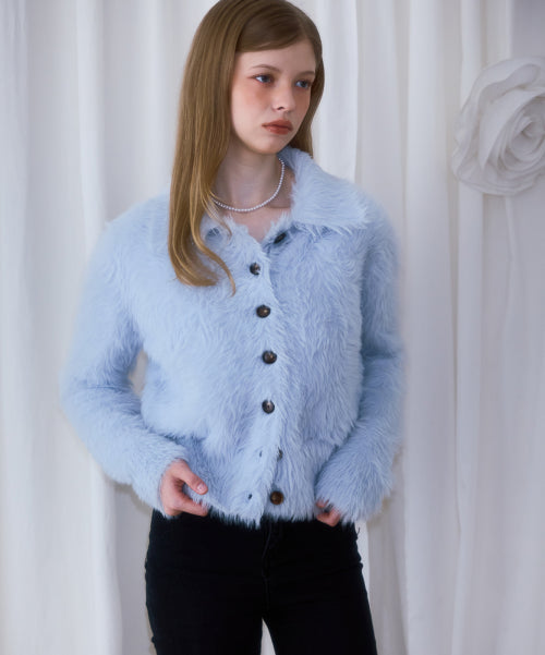 Fur Collar Button Cardigan [Sky Blue]
