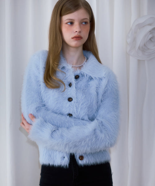 Fur Collar Button Cardigan [Sky Blue]