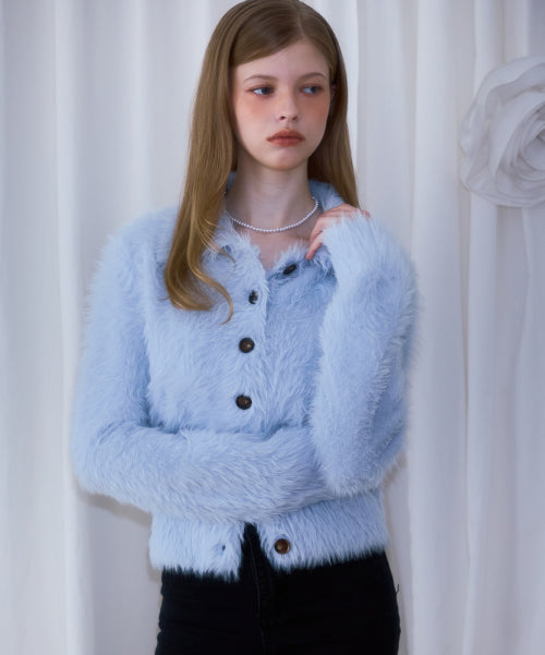 Fur Collar Button Cardigan [Sky Blue]