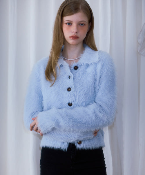 Fur Collar Button Cardigan [Sky Blue]