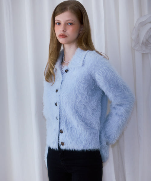 Fur Collar Button Cardigan [Sky Blue]