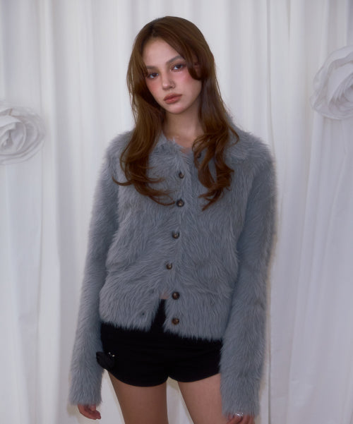 Fur Collar Button Cardigan [Gray]