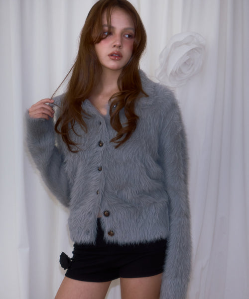 Fur Collar Button Cardigan [Gray]