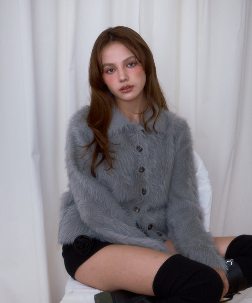 Fur Collar Button Cardigan [Gray]