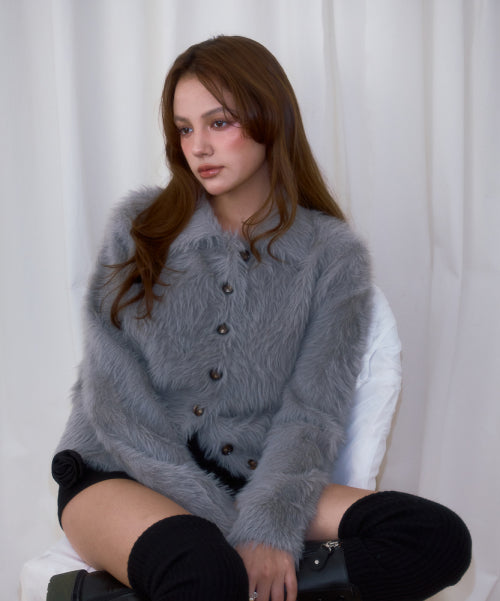 Fur Collar Button Cardigan [Gray]