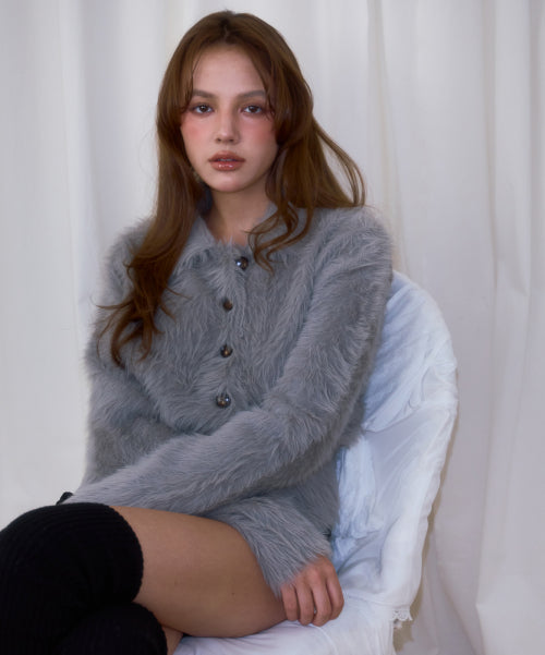 Fur Collar Button Cardigan [Gray]