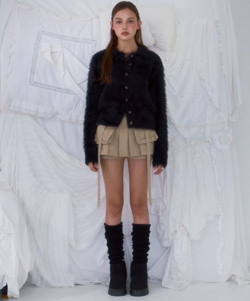Fur Collar Button Cardigan [Black]