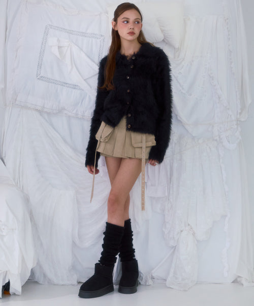 Fur Collar Button Cardigan [Black]