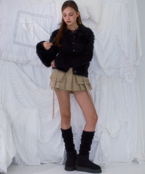 Fur Collar Button Cardigan [Black]