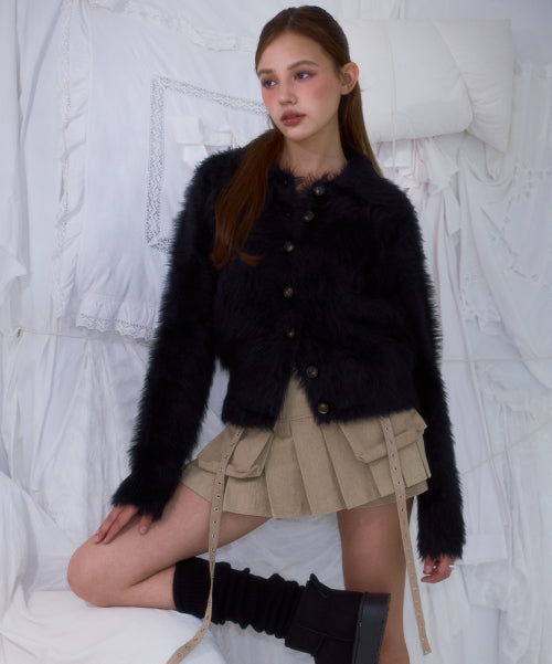 Fur Collar Button Cardigan [Black]
