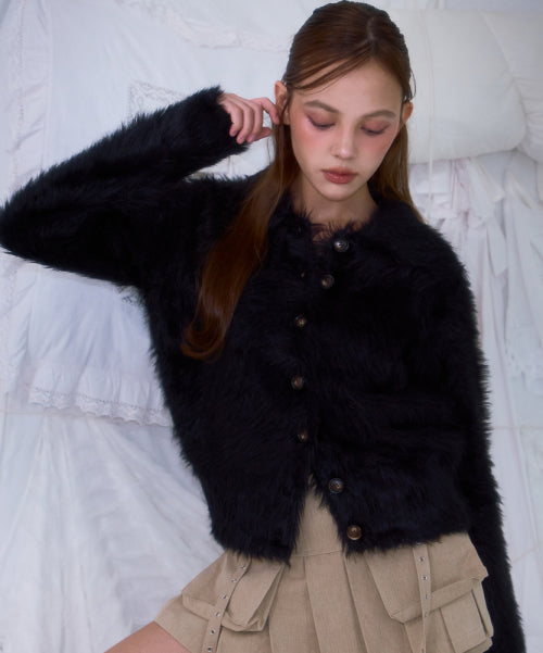 Fur Collar Button Cardigan [Black]