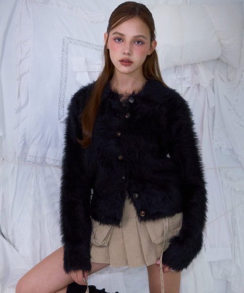 Fur Collar Button Cardigan [Black]