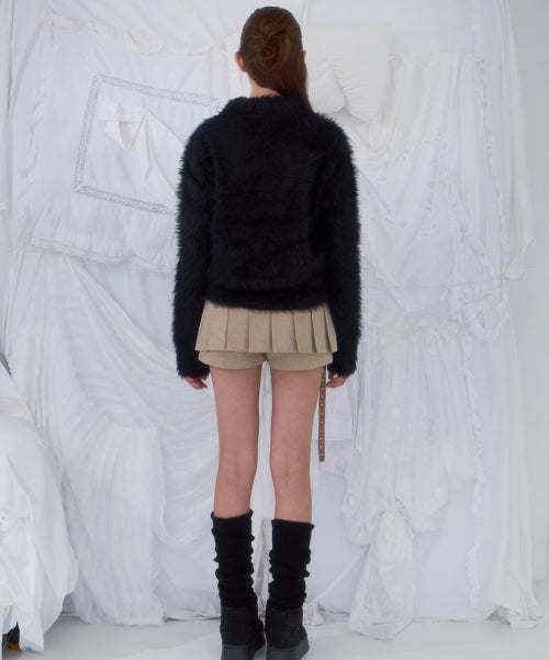 Fur Collar Button Cardigan [Black]