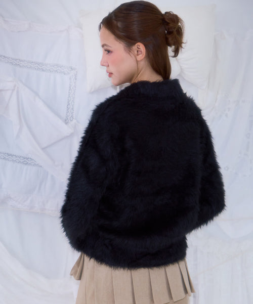 Fur Collar Button Cardigan [Black]