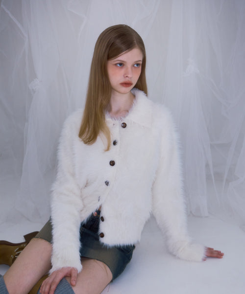 Fur Collar Button Cardigan [Ivory]