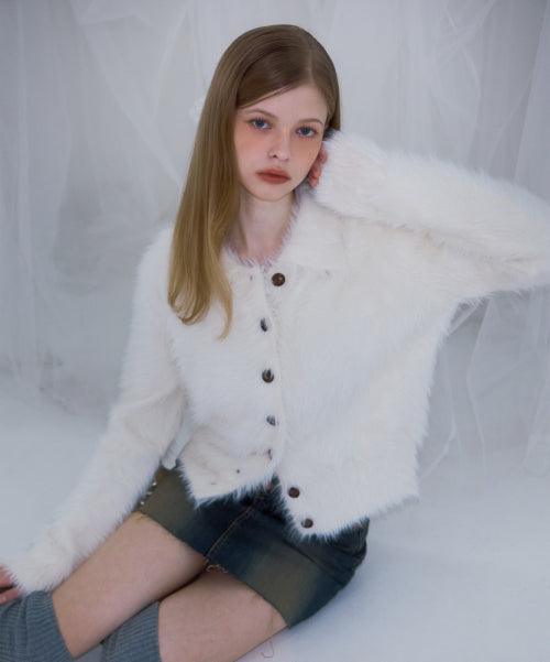 Fur Collar Button Cardigan [Ivory]