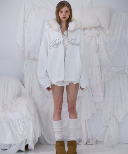 Fur Overfit Lettering Hood Zip-up [Ivory]