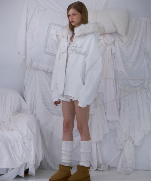 Fur Overfit Lettering Hood Zip-up [Ivory]