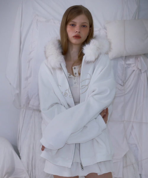 Fur Overfit Lettering Hood Zip-up [Ivory]