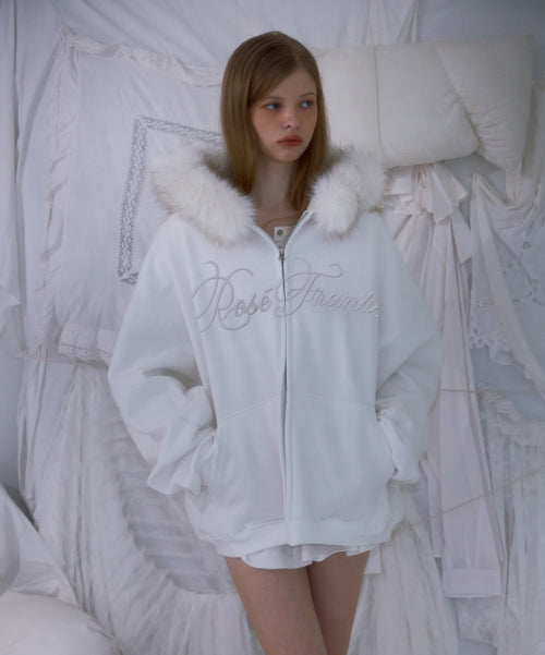 Fur Overfit Lettering Hood Zip-up [Ivory]