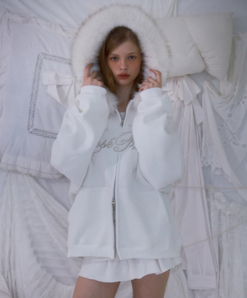 Fur Overfit Lettering Hood Zip-up [Ivory]