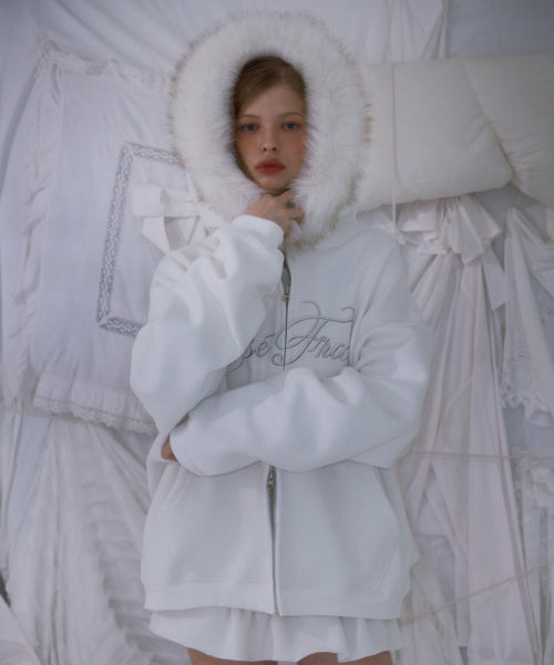 Fur Overfit Lettering Hood Zip-up [Ivory]