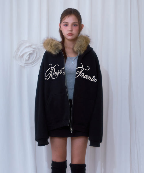 Fur Overfit Lettering Hood Zip-up [Black]
