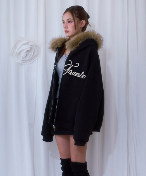 Fur Overfit Lettering Hood Zip-up [Black]