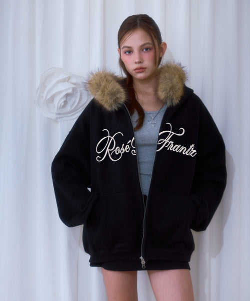 Fur Overfit Lettering Hood Zip-up [Black]