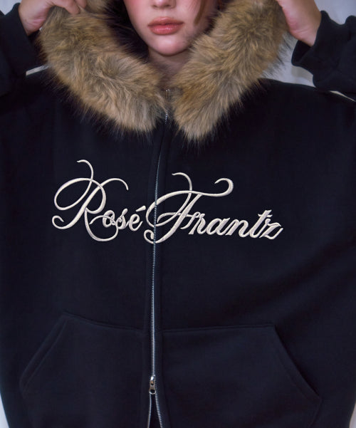 Fur Overfit Lettering Hood Zip-up [Black]