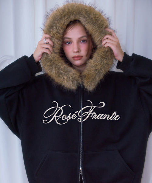 Fur Overfit Lettering Hood Zip-up [Black]