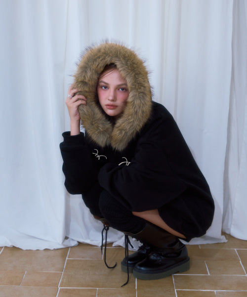 Fur Overfit Lettering Hood Zip-up [Black]