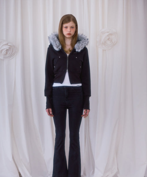 Fur Slim Rivet Hood Zip-up [Black]