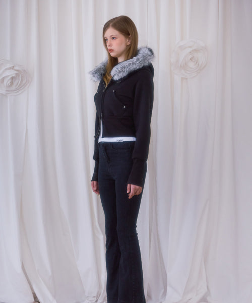 Fur Slim Rivet Hood Zip-up [Black]