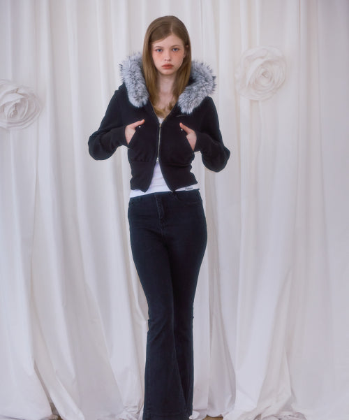 Fur Slim Rivet Hood Zip-up [Black]