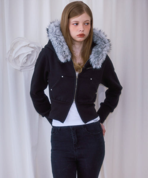 Fur Slim Rivet Hood Zip-up [Black]