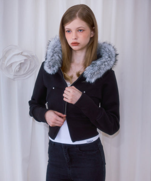 Fur Slim Rivet Hood Zip-up [Black]
