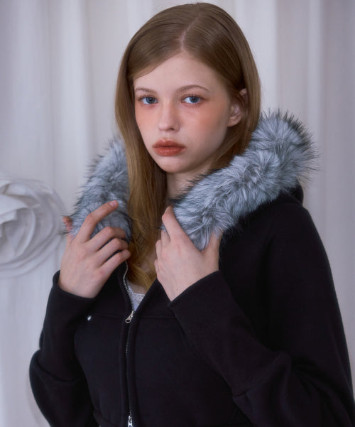 Fur Slim Rivet Hood Zip-up [Black]