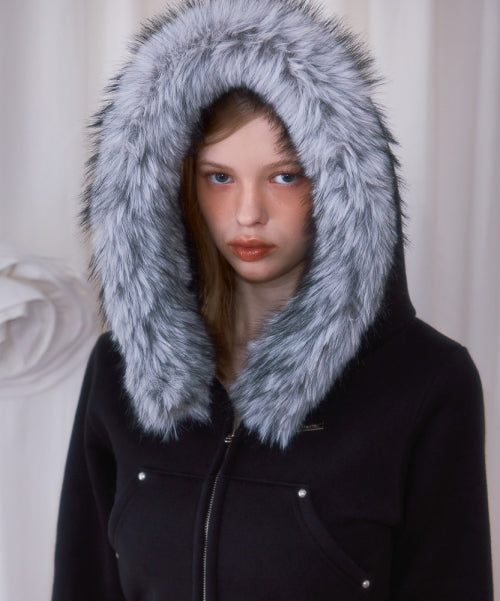 Fur Slim Rivet Hood Zip-up [Black]