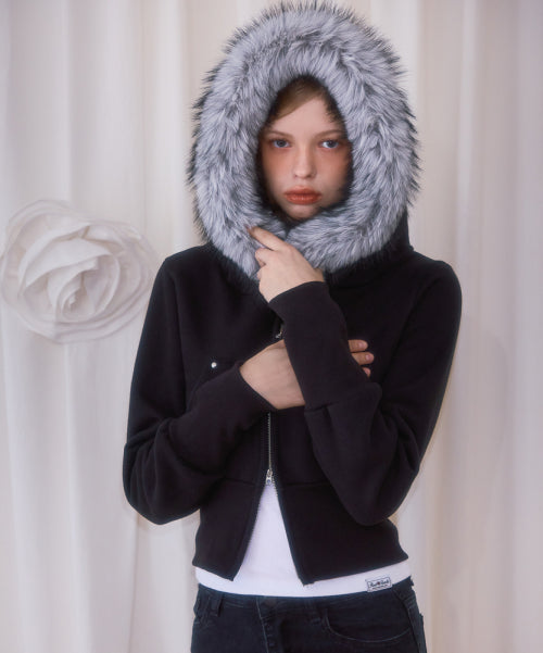 Fur Slim Rivet Hood Zip-up [Black]