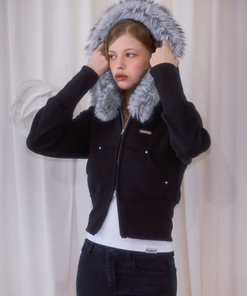 Fur Slim Rivet Hood Zip-up [Black]