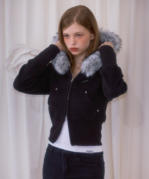 Fur Slim Rivet Hood Zip-up [Black]